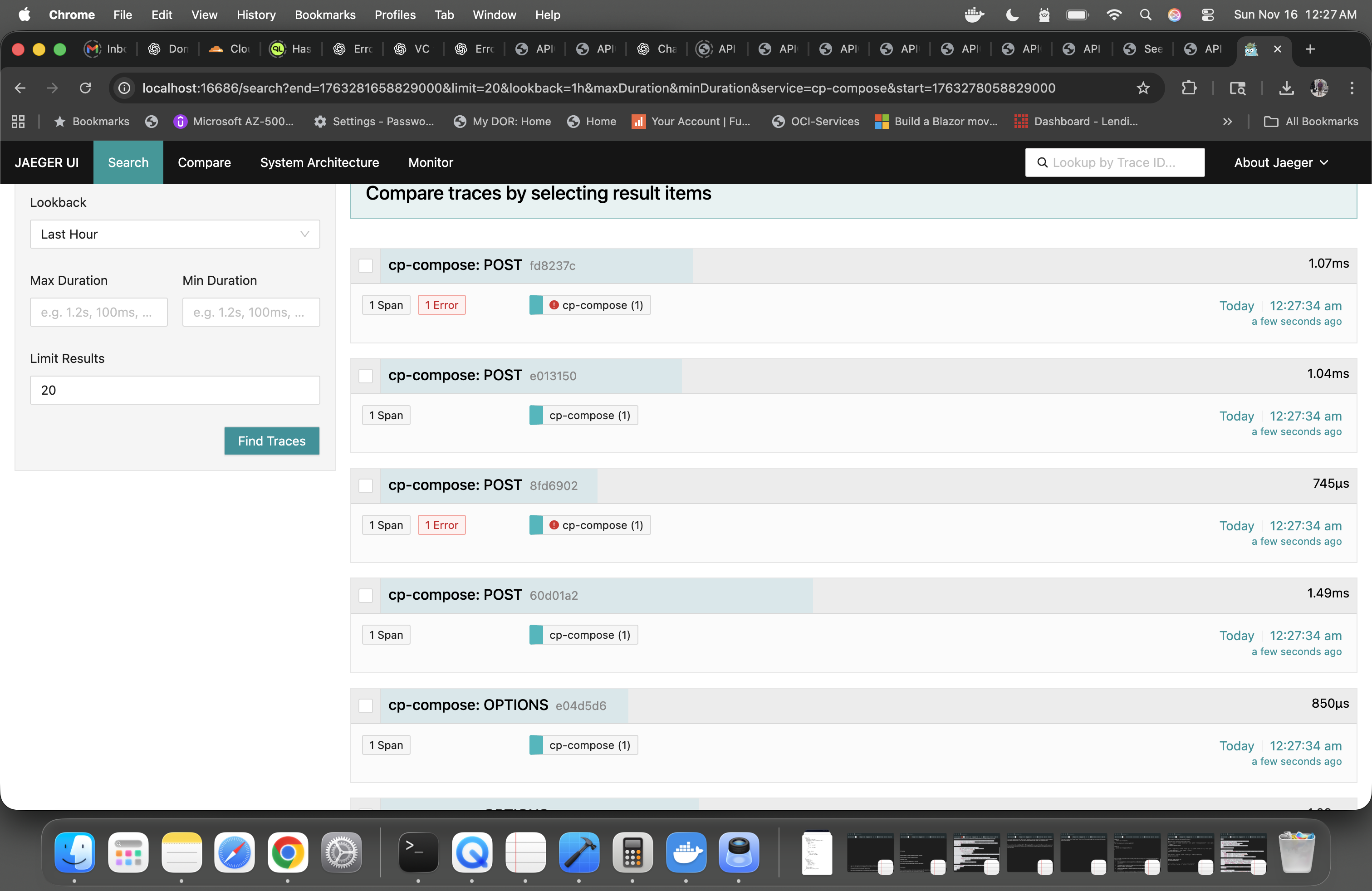 Jaeger search results showing traces with error badges